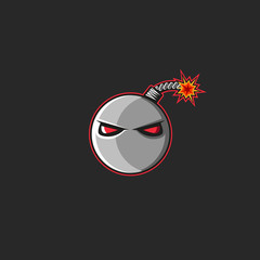 Wall Mural - Bomb logo, set fire to the cannonball fuse with red evil eyes. T-shirt print emblem design element template.