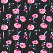 Watercolor pink poppies and floral branches seamless pattern, hand drawn on a dark background
