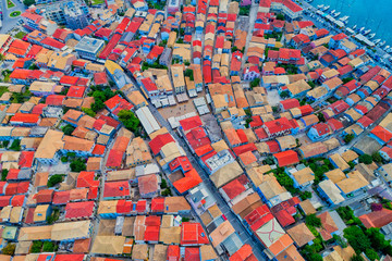 Sailboats in the marina and the city of Lefkada island, Greece