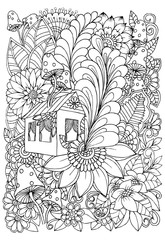 Wall Mural - Black and white flower pattern for adult coloring book. Doodle floral drawing. Art therapy coloring page. Printable card