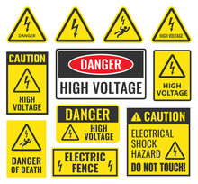 Danger High Voltage Signs Set, Vector Illustration
