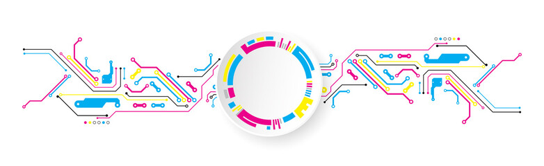 Abstract technological background with various elements. CMYK concept.