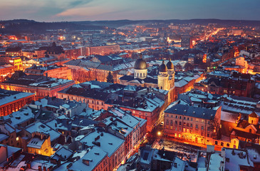 Wall Mural - Winter panorama view from the Town Hall on the downtown in Lviv, Ukraine. Old buildings.