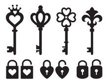 Silhouette Of Keys And Locks With Heart And Crown Shape Vector Illustration.
