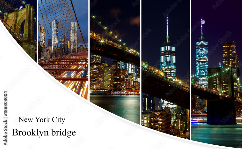 Brooklyn Bridge over East River at night in New York City photo collage ...