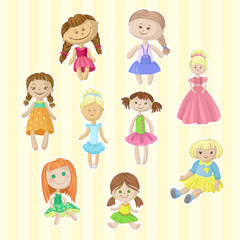 Wall Mural - Cute female dolls set, lovely toys for little girls cartoon vector Illustrations