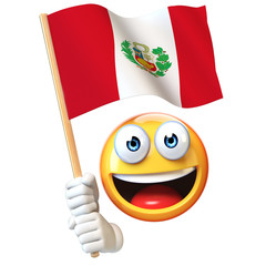 Wall Mural - Emoji holding Peruvian flag, emoticon waving national flag of Peru 3d rendering