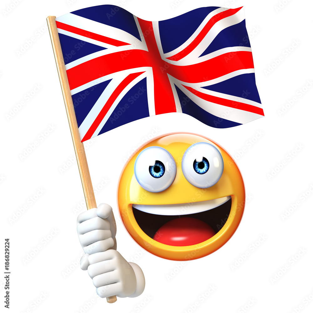 Emoji holding Union Jack flag, emoticon waving national flag of Great