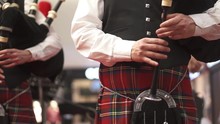 A Man In A Scottish Kilt Is Playing On A Bagpipe. Concert. Bagpipes. A Man In Checkered Clothes. Musician At The Concert.