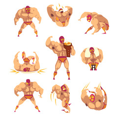 Sticker - Set of professional muscular wrestler in different actions. Mixed martial artist. Combat sport. Strong man character in mask and sports shorts. Flat vector design