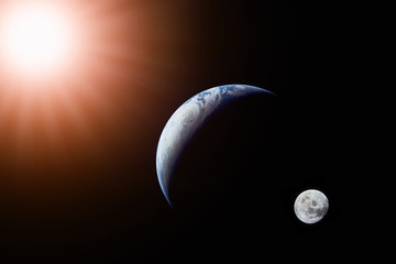 Wall Mural - landscape image of sun, earth and moon view from space. (elements of this image furnished by nasa)