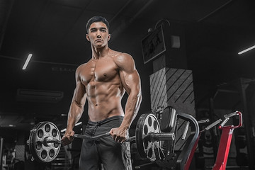 A handsome young man with an idyllic figure doing exercises using a barbell, in a modern sorcery club on a dark background, coaching the biceps.