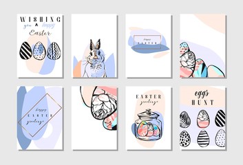 Set of Happy Easter greeting and invitation cards. White cute Easter Bunny peeking out of a hole, ribbon, eggs, inscription in the middle. Perfect for presents and gifts. Vector illustration.