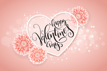 Vector illustration of valentine's day greetings card with hand lettering label - happy valentine's day - with a lot of heart shapes and chrysanthemum flowers