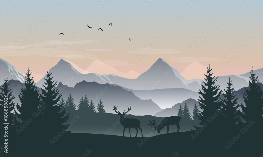 Vector landscape with silhouettes of mountains, trees and two deer with sunrise or sunset sky - obrazy, fototapety, plakaty 