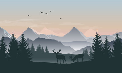 Wall Mural - vector landscape with silhouettes of mountains, trees and two deer with sunrise or sunset sky