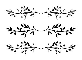 Set of vector hand drawn decorative black branch frame elements or dividers isolated on white background