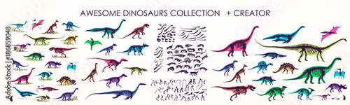 Fotomural Set of silhouettes, dino skeletons, dinosaurs, fossils