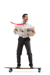 Poster - Businessman with a newspaper riding a longboard