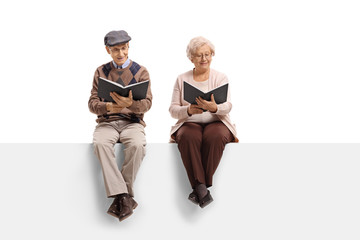 Canvas Print - Seniors seated on a panel reading books