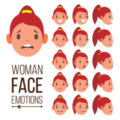 Wall Mural - Woman Emotions Vector. Handsome Face Female. Cute, Joy, Laughter, Sorrow. Girl Avatar Psychological Portraits. Isolated Flat Cartoon Illustration