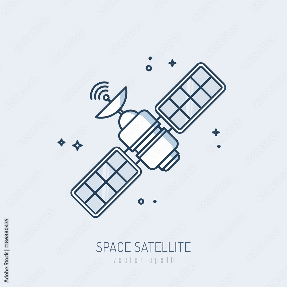 Satellite icon vector monoline illustration - obrazy, fototapety, plakaty 