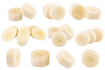 Wall Mural - Set of freshly slices bananas isolated on white