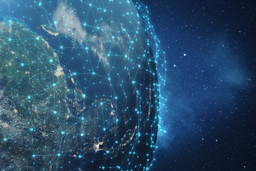 3D Rendering Global Network Background. Connection Lines with Dots Around Earth Globe. Global International Connectivity. Earth from Space With Stars and Nebula. Elements of this image furnished by