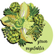 Green vegetables. Vector illustration on white bcakground with green vegetables written on green circle