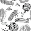 Vector illustration of black and white vegetables on white background. Seamless pattern