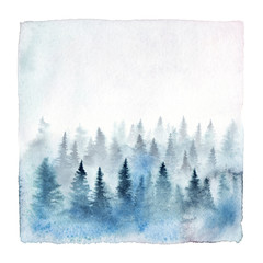 Wall Mural - watercolor painting of a foggy forest with spruce trees. hand painted winter landscape isolated on w