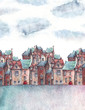 Hand painted watercolor illustration of a little town under the clouds. Children book illustration or a greeting card.