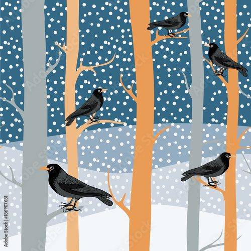 Tapeta ścienna na wymiar Czarne ptaki na zimowych drzewach
