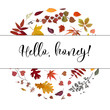 Vector floral watercolor style card design Autumn: colorful fall various orange yellow brown red leaves forest tree natural branches round wreath Greeting postcard invite decorative border, text space