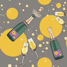 Bottle Of Champagne With Glasses. Seamless Pattern On Grey Background With Yellow Bubbles