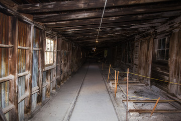  A long narrow hallway of bare wood beams and rafters with a sloped roof and a cement floor of an abandoned factory