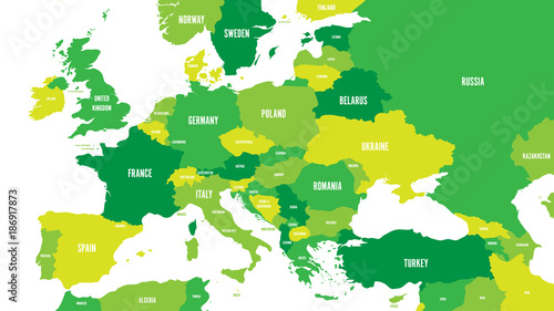 Obraz Dibond Polityczna mapa Europy i regionu kaukaskiego w odcieniach zieleni na białym tle. Prosta płaska wektorowa ilustracja.