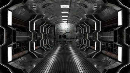 realistic old spaceship sci-fi corridor