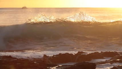 Wall Mural - shorebreak ocean waves near rocky coast and cliffs, rough sea water at sunset time