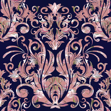 Damask Vector Seamless Pattern. Floral Baroque Dark Blue Background With Pink Silver Damask Flowers, Scrolls, Curves, Leaves, Antique Ornaments. Luxury Design For Wallpapers, Fabric, Prints, Textile