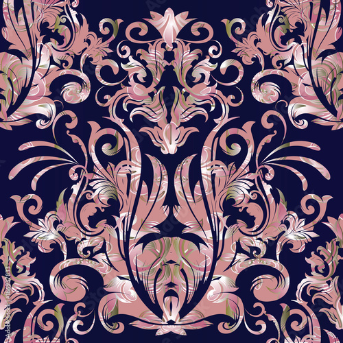 Damask Vector Seamless Pattern Floral Baroque Dark Blue Background With Pink Silver Damask Flowers Scrolls Curves Leaves Antique Ornaments Luxury Design For Wallpapers Fabric Prints Textile Stock Vector Adobe Stock