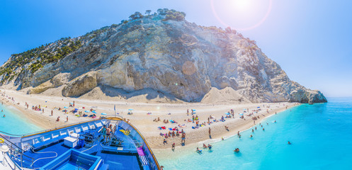 Wall Mural - tourist ship on the egremni beach, lefkada, greece.