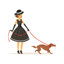 Beautiful Young Woman In A Black Polka Dot Dress And Hat Walking With Her Dog, Girl Dressed In Retro Style Vector Illustration