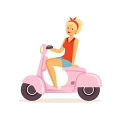 Poster - Beautiful young woman riding vintage scooter, girl dressed in retro style vector Illustration