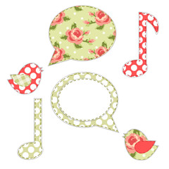 Cute fabric paradise birds with speech bubble as applique in shabby chic style