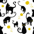 Black cats silhouettes seamless pattern. Vector illustration of cats with wool cloths on white background
