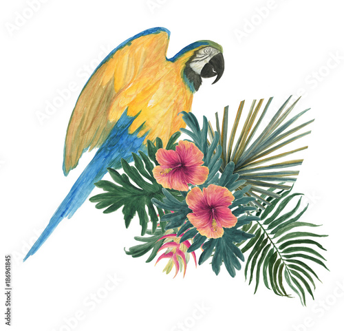 Naklejka na kafelki Papuga na tropikalnej kompozycji kwiatowej