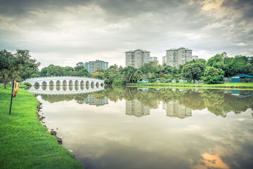 Wall Mural - Reflection of new estate HDB housing complex on Jurong Lake neighborhood in Singapore.  The Chinese Garden bridge is available on the left.