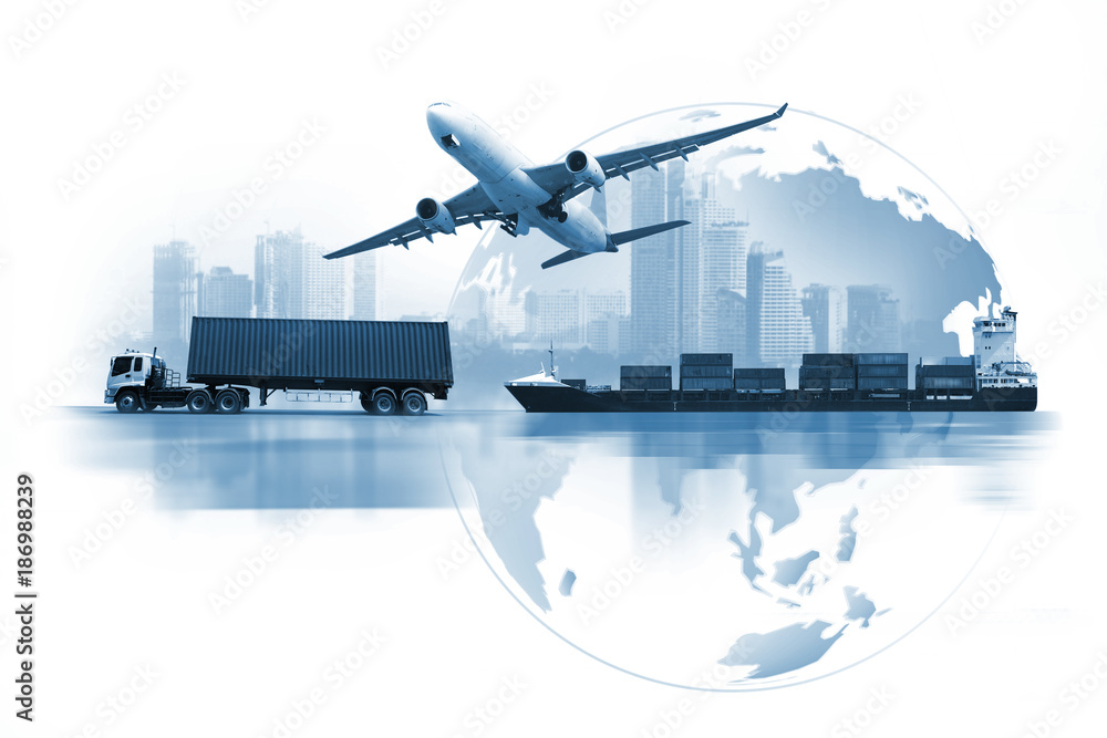 Transportation, import-export and logistics concept, container truck, ship in port and freight cargo plane in transport and import-export commercial logistic, shipping business industry - obrazy, fototapety, plakaty 