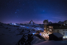 Matterhorn And Hotel At Night, Gornergrat, Zermatt, Switzerland